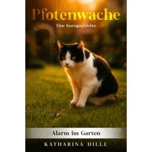 Die schwarz-weiße Katze Schnurri, Heldin der Pfotenpakt-Saga, beobachtet in "Pfotenwache" angespannt eine glimmende Zigarette im Gras.