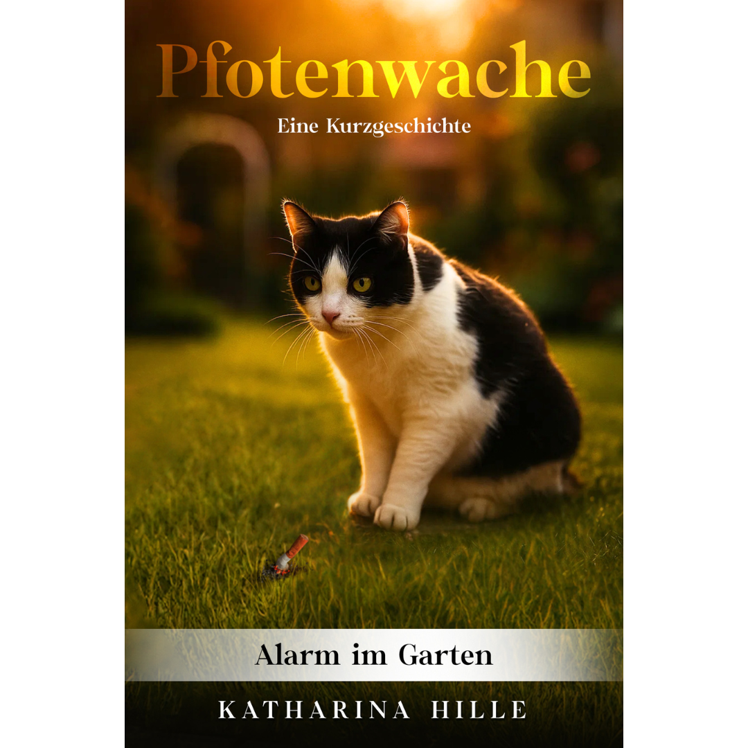 Die schwarz-weiße Katze Schnurri, Heldin der Pfotenpakt-Saga, beobachtet in "Pfotenwache" angespannt eine glimmende Zigarette im Gras.