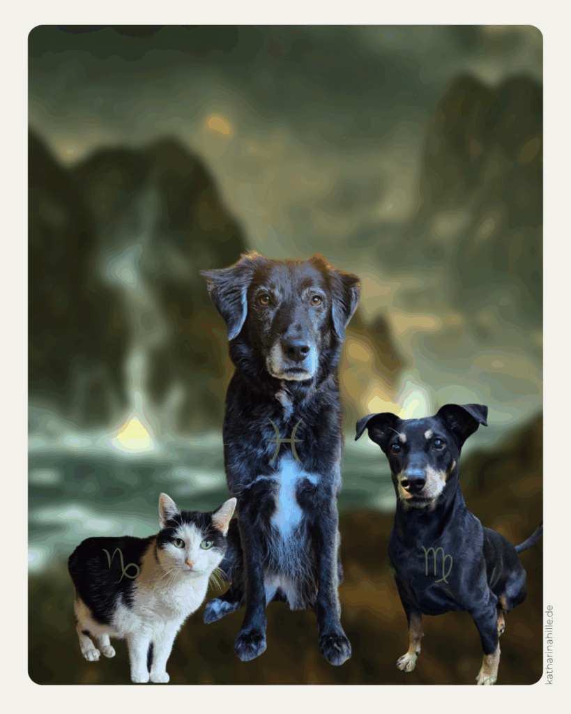 Die drei tierischen Heldinnen der Pfotenpakt-Saga – die schwarz-weiße Katze Schnurri, die schwarze Hündin Nala und die schwarz-rote Hündin Lexi – vor einer unscharfen, stürmischen schottischen Landschaft. Über jedem Tier schwebt subtil und transparent das jeweilige Tierkreiszeichen-Symbol, was die Verbindung von Abenteuer und Astrologie symbolisiert.