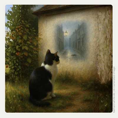 Katzen starren Wände an: Eine schwarz-weiße Katze sitzt im bläulichen Dämmerlicht im Garten und starrt intensiv auf eine weiße Garagenwand. Auf der Wand erscheint eine geisterhafte, neblige Vision einer viktorianischen Gasse aus Edinburgh 1870. Symbolbild für das Phänomen des Katzenstarrens und die Zeitreise-Portale im historischen Fantasy-Roman 'Katzensprung' von Katharina Hille.