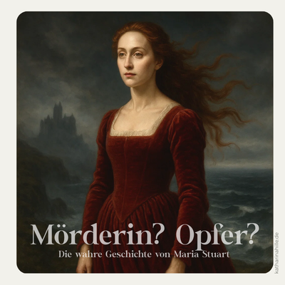 Atmosphärische Darstellung von Maria Stuart im roten Samtkleid an einer stürmischen schottischen Küste. Text im Bild: 'Mörderin? Opfer? Die Wahrheit.' Titelbild zum Blogartikel über die psychologische Analyse ihres Geburtshoroskops und die historische Wahrheit jenseits der Serie Reign.