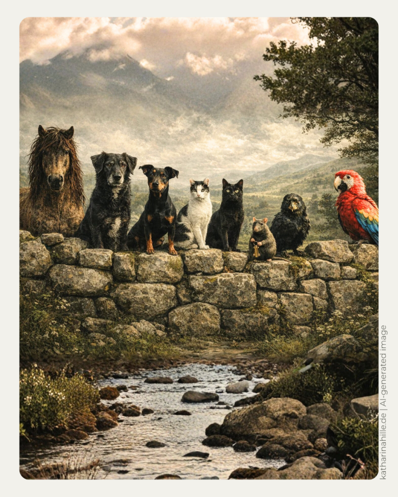Hyperrealistisches Ölgemälde einer langen schottischen Steinmauer. Darauf und dahinter sitzen die tierischen Protagonisten der Pfotenpakt-Saga: ein Pony, zwei Hunde, zwei Katzen, eine Ratte, ein Rabe und ein Papagei. Historische Fantasy, Tiergeschichten, Katharina Hille.