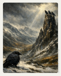 Eine kalte, schottische Berglandschaft, grauer Himmel. Ein kleiner, vor Kälte aufgeplusterter Rabe sitzt ängstlich am Boden, ganz oben auf den Felsen sitzen die drei Schicksalsraben. Der kleine Rabe ist Edgar, der panische Rabe aus dem Roman "Rabenruf", dem dritten Band der Pfotenpakt-Saga von Katharina Hille