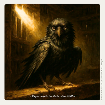 Ein schwarzer Rabe sitzt etwas zerfleddert im Dachgebälk. Der Rabe ist Edgar, aus Rabenruf. Dem dritten Band der PFotenpakt-Saga von Katharina Hille