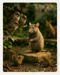 Man sieht eine Ratte in einem Garten, die einen Schlüsselbund in der Hand hält und anderen Tieren (Spatzen, Mäuse und Eichhörnchen) etwas erklärt. Das Bild zeigt die fiktive Figur Max aus "Pfotenpakt", dem ersten Band der Pfotenpakt-Saga von Katharina Hille