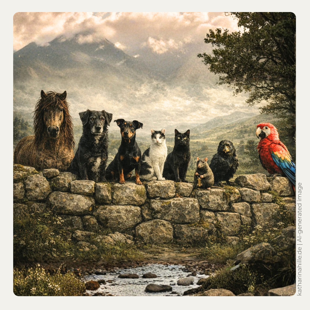 Mehrere Tiere – Pferd, Hunde, Katzen, Rabe, Ratte und Papagei – sitzen in einer Reihe auf einer alten Steinmauer vor einer nebligen, schottischen Berglandschaft, darunter fließt ein flacher Bach. Alles Tiere aus der Pfotenpakt-Saga von Katharina Hille1