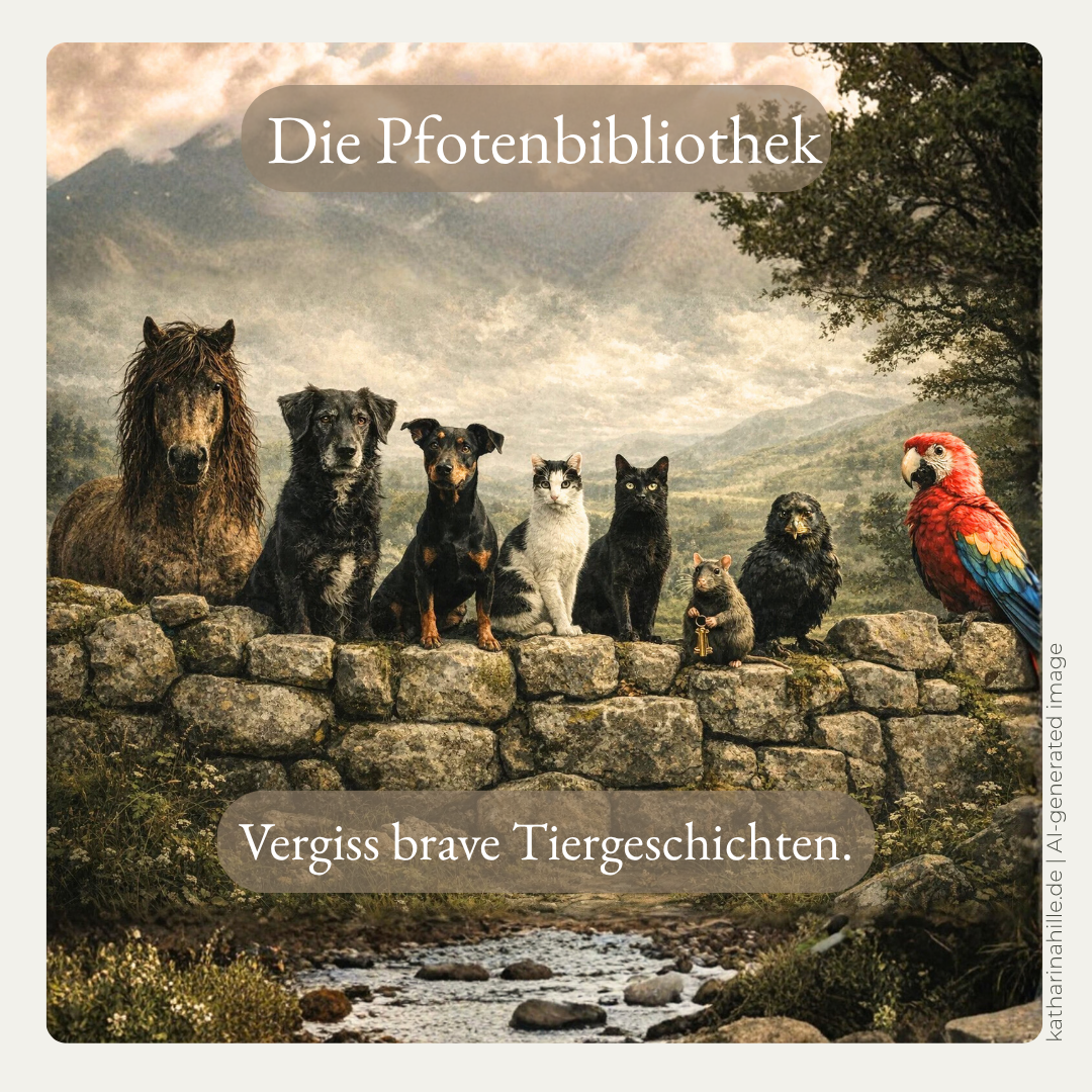 Mehrere Tiere – Pferd, Hunde, Katzen, Rabe, Ratte und Papagei – sitzen in einer Reihe auf einer alten Steinmauer vor einer nebligen, schottischen Berglandschaft, darunter fließt ein flacher Bach. Alles Tiere aus der Pfotenpakt-Saga von Katharina Hille