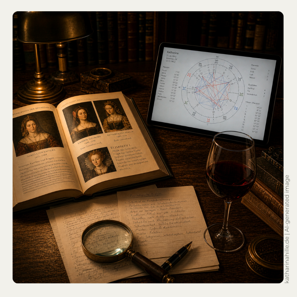 Nahaufnahme eines Schreibtisches. Ein aufgeschlagenes Buch zeigt Porträts historischer Königinnen wie Elizabeth I. Daneben ein Tablet mit einem Horoskop und handgeschriebene psychologische Notizen zu Schutzmechanismen und Kontrollzwang. Ein Glas Rotwein steht im Licht einer Schreibtischlampe. Astro-Biografien, historische Frauen, psychologische Astrologie. Katharina Hille.