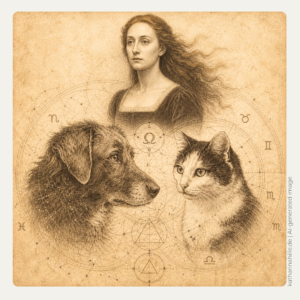 "Detaillierte Zeichnung im DaVinci-Stil. Profil der Königin Mary Stuart, eines Hundes und einer Katze, umgeben von astrologischen Linien und Symbolen. Psychologische Astrologie, Astro-Biografien, Charakter-Analysen für Mensch und Tier. Katharina Hille.