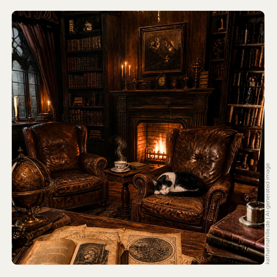 Ölgemälde einer einladenden historischen Bibliothek mit zwei abgenutzten Ledersesseln vor einem prasselnden Kamin. Auf einem Sessel schläft eine schwarz-weiße Katze, daneben dampft eine Tasse Tee. Auf einem Schreibtisch liegen historische Bücher und astrologische Sternenkarten. Lesezimmer, psychologische Astrologie, historische Tierromane, Pfotenpakt-Saga, Pfotenastrologie. Katharina Hille.