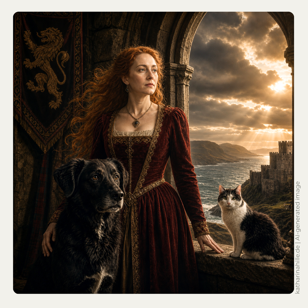 Oelgemaelde von Maria Stuart an einem Burgfenster in den schottischen Highlands. Neben ihr sitzen eine schwarz-weisse Katze und ein schwarzer Hund, die aufmerksam in den Raum blicken. Historische Tierromane, Astro-Biografien, psychologische Astrologie. Katharina Hille.