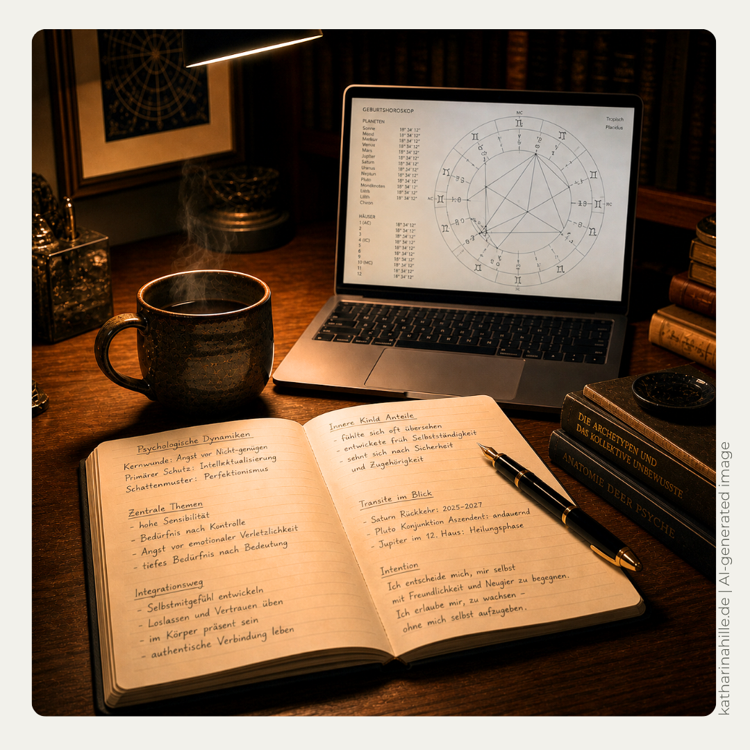 Nahaufnahme eines Schreibtisches. Ein Laptop zeigt ein minimalistisches Horoskop. Daneben ein Notizbuch mit handschriftlichen psychologischen Analysen zu Schattenmustern und dem inneren Kind. Im Hintergrund Bücher von C.G. Jung. Selbsterkenntnis, Astro-Psychologie, psychologische Astrologie. Katharina Hille.