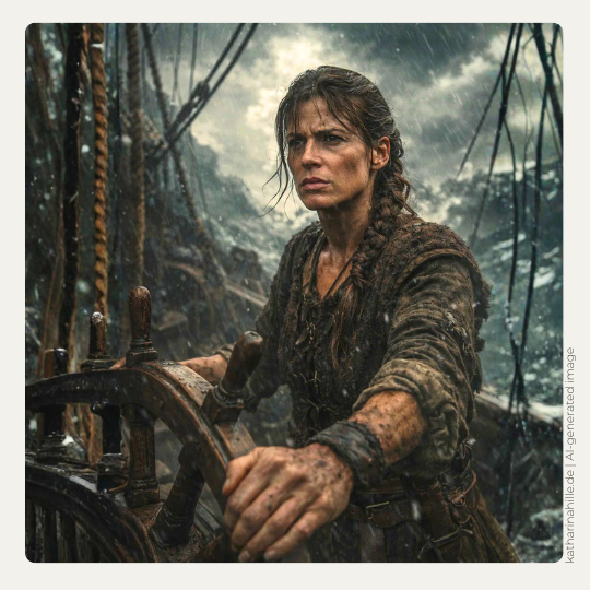 Nahaufnahme der irischen Piratenkönigin Grace O'Malley am Steuerrad ihres Schiffes im Sturm. Sie hält das Ruder fest in der Hand, hat wilde Haare und ein von Wind und Regen gezeichnetes Gesicht. Symbolbild für starke Frauen und weibliche Souveränität im 16. Jahrhundert. Aus dem historischen Zeitreise-Roman Katzengold von Katharina Hille (Band 4 der Pfotenpakt-Saga).