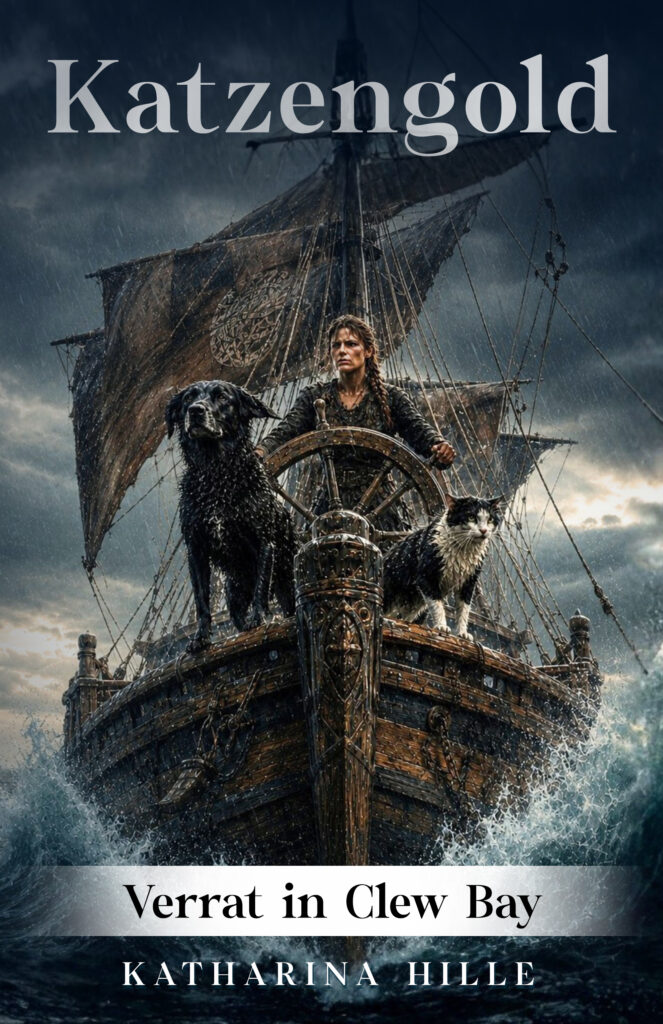 Buchcover Katzengold: Die irische Piratenkönigin Grace O'Malley steuert ein Schiff durch einen tosenden Sturm. Im Vordergrund stehen eine schwarz-weiße Katze und eine schwarze Hündin wild entschlossen an der Reling. Historischer Roman Irland, Zeitreise Tierabenteuer. Band 4 der Pfotenpakt-Saga von Katharina Hille.